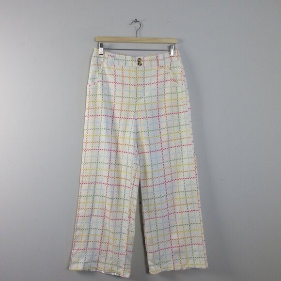 Modcloth Women's Wide Leg Pants 8 Ivory Linen Viscose Rainbow Plaid Preppy 306 - Picture 1 of 11